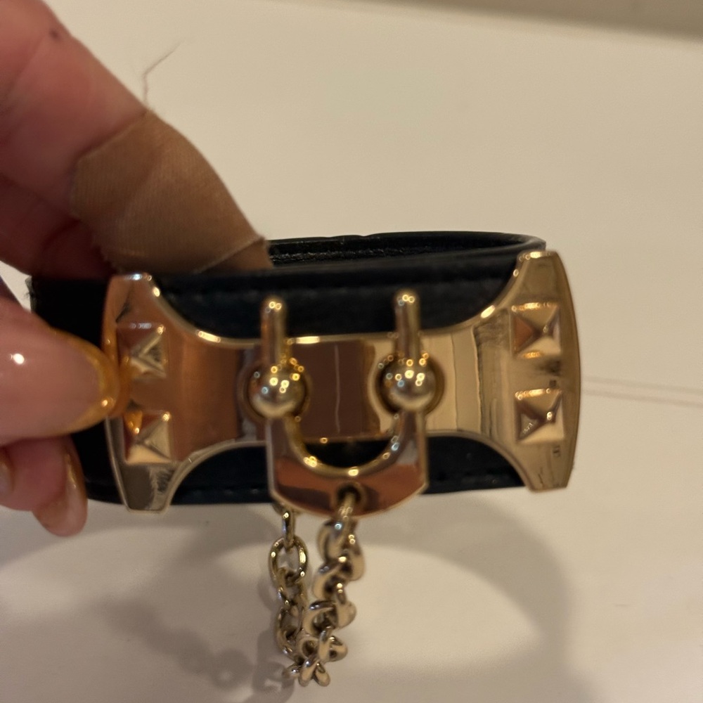 Gold and Black Leather Bracelet with Chain Detail